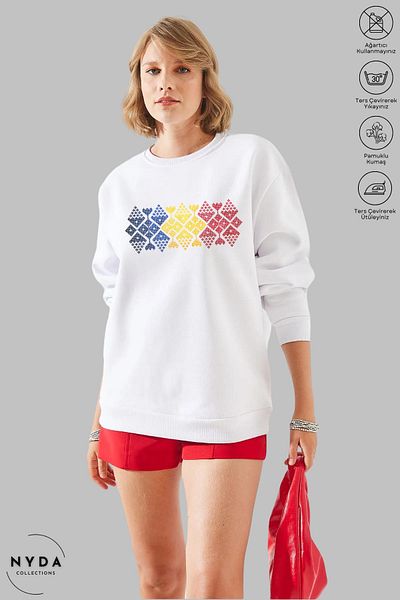 Nyda Collections Unisex μακρυμάνικο Romania Cusatura με στάμπα με λαιμόκοψη χωρίς κουκούλα Oversize φούτερ