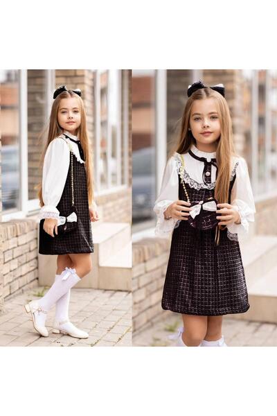 nisaykids Kız çocuk gömlek detaylı elbise çanta toka çorap takım 4 parça