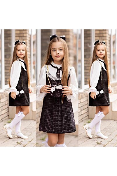 nisaykids Kız çocuk gömlek detaylı elbise çanta toka çorap takım 4 parça