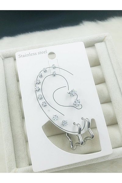 DS DİAMONDSHOP 7 Pairs Solitaire Model Steel Earrings - Byçkp- 202501508