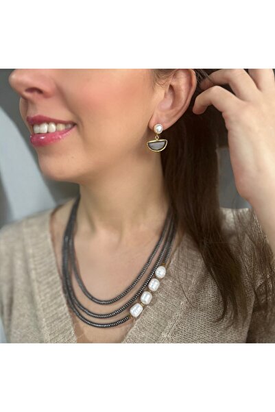 Jewstone Accessories İnci-Hematit Doğaltaşı Kolye ve Kedigözü Küpe Takı Seti