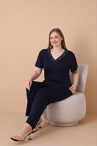 şuranur Navy Blue Bamboo Oval Lace-Button Detailed Pajama Set Satisfaction Gu...