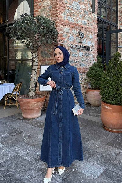 Melike Tatar Dark Blue Belted Denim Dress 3-00599