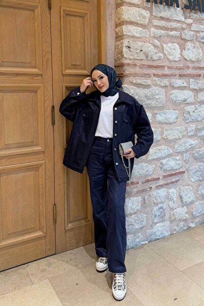 Melike Tatar LACİVERT Bol Paça Varaklı Gabardin Pantolon 32-3501
