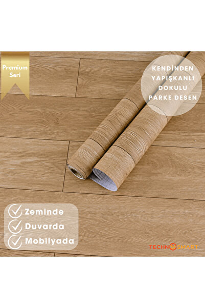 TechnoSmart 60×300cm Kendinden Yapışkanlı Parke Görünümlü Premium Zemin Duvar Kağıdı Dolap Kaplama