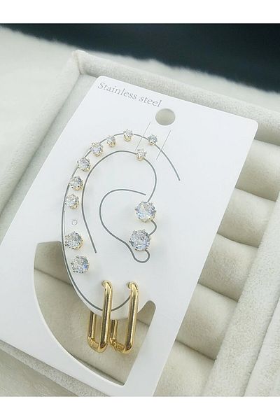 DS DİAMONDSHOP 7 Pairs Solitaire Model Steel Earrings - Byçkp- 202501505