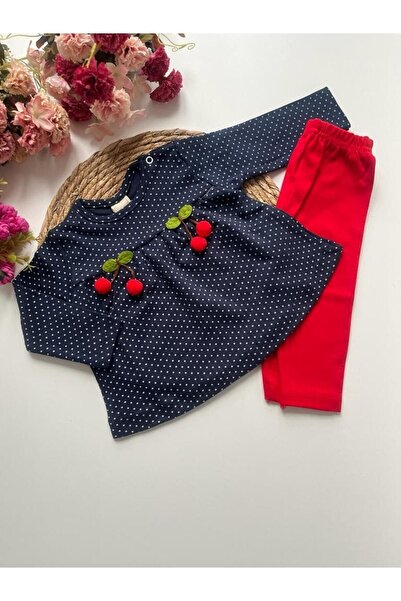 caliskanonline Kiraz Aksesuarlı puantiyeli Kız Bebek Takım 3-6-9 Aylık