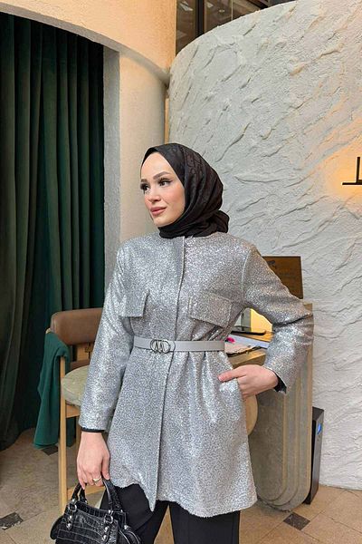 Melike Tatar Grey Belted Sequined Jacket 32-3503