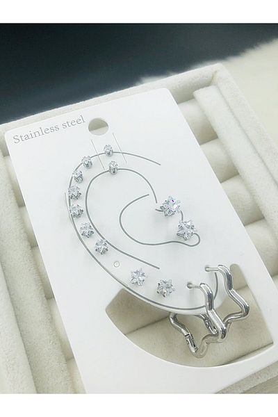 DS DİAMONDSHOP 7 Pairs Solitaire Model Steel Earrings - Byçkp- 202501508