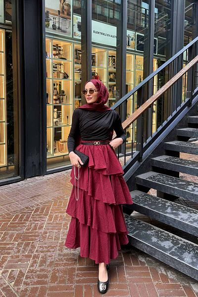 Melike Tatar 3-3008 Model Claret Red Layered Skirt