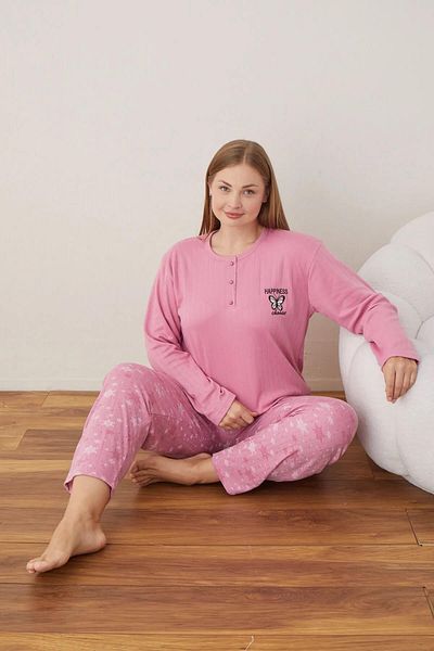 lindros Set pijama supradimensionată pentru femei, bumbac, guler cu nasturi, interlock 05110 - 1 bucată