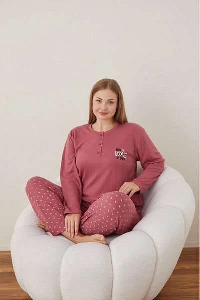 lindros Set pijama supradimensionată pentru femei, bumbac, cu guler cu nasturi, interlock 05121 - 1 bucată