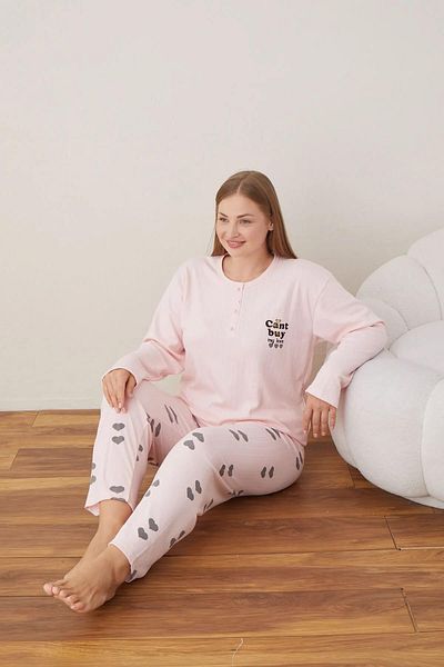 lindros Set pijama supradimensionată pentru femei, bumbac, guler cu nasturi, interlock 05109 - 1 bucată