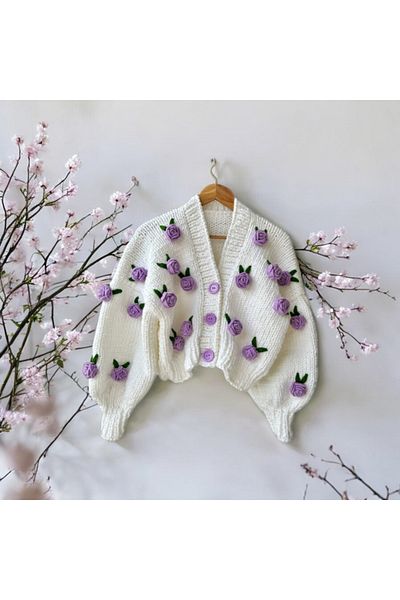 ThreadArtByNur Γυναικεία πλεκτή ζακέτα με ροζ λεπτομέρεια, ζακέτα λουλουδιών, μοντέρνα ζακέτα
