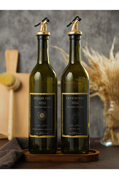 BÜYÜLÜ HOME Ahşap Stantlı Amber 2 Adet Gold Tıpalı Gold Etiketli 750ml Zeytinyağı Ayçiçek Yağı Sıvıyağ Şişesi