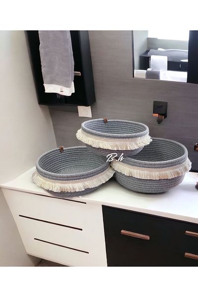 Bohemahomedecor Γκρι Τριπλό Ψάθινο Καλάθι Organizer - Μπάνιο και Διακοσμητικό Σχέδιο