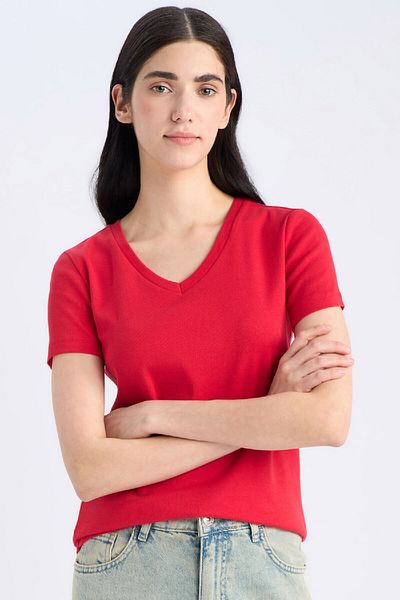 DeFacto Slim Fit Slim Fit V-Ausschnitt Basic Straight Rib Short Sleeve T-Shirt I1080az25sp