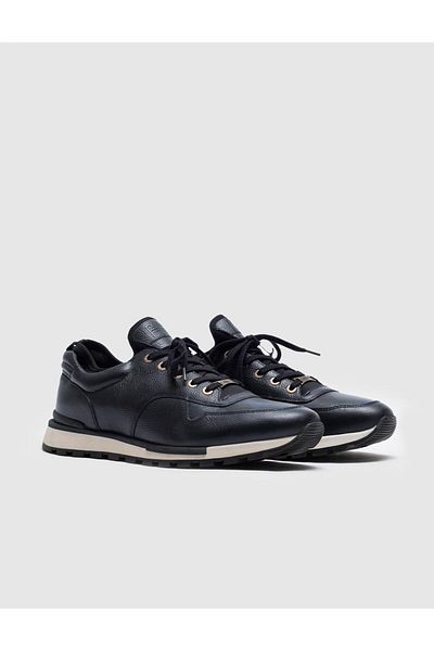 Cabani Genuine Leather Navy Blue Lace-up Stretch Detailed Men's Sports Shoes