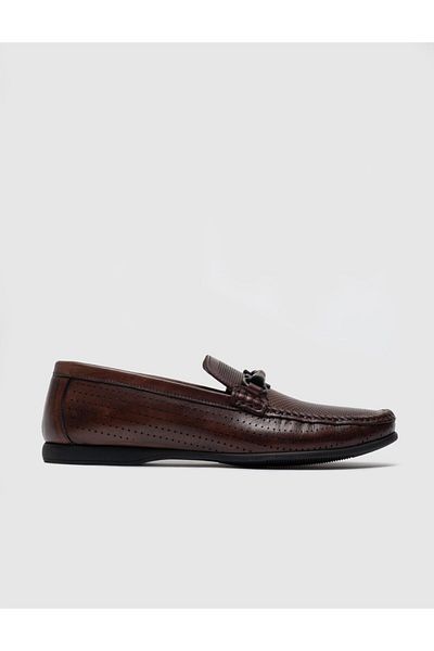 Cabani Genuine Leather Summer Brown Belt Detailed Men's Loafer Shoes