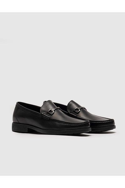 Cabani Genuine Leather Black Buckle Detailed Men's Casual Loafer Shoes