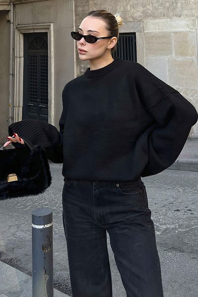 Swist Pulover de damă negru cu gât crew oversize tricotaj