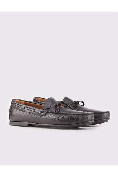 Cabani Genuine Leather Black Men's Loafer Shoes with Bow Detail