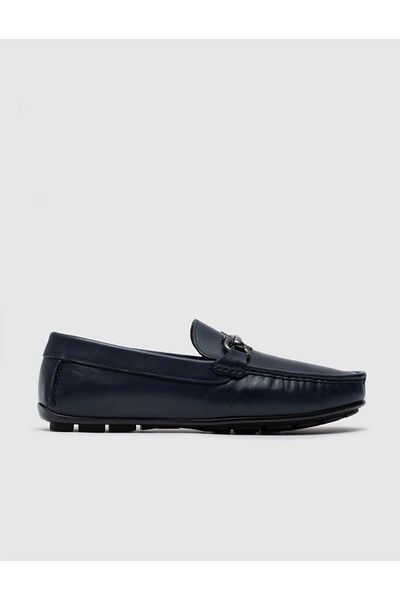 Cabani Navy Blue Genuine Leather Men's Loafer - With Metal Accessories