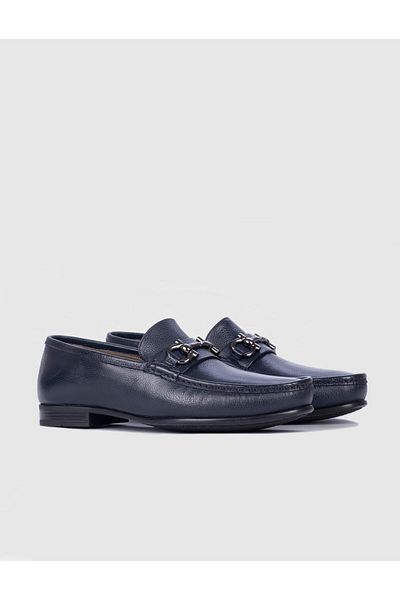 Cabani Genuine Leather Navy Blue Men's Loafer Shoes with Rubber Sole