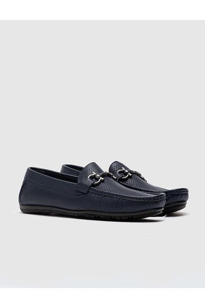 Cabani Genuine Leather Buckle Detailed Navy Blue Men's Loafer