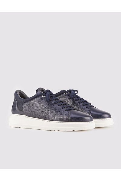 Cabani Navy Blue Men's Sports Shoes - Genuine Leather, White Sole, Lace-up