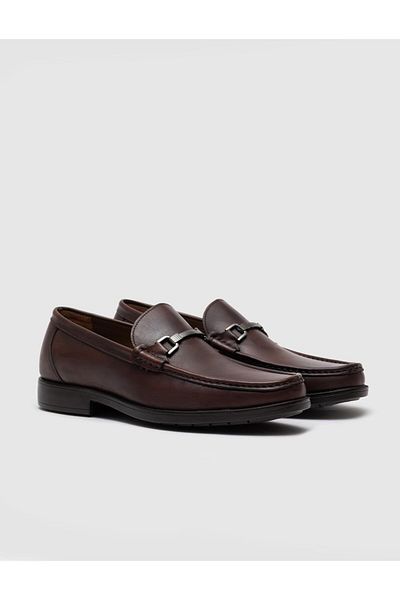 Cabani Genuine Leather Brown Men's Casual Shoes with Metal Buckle Detail