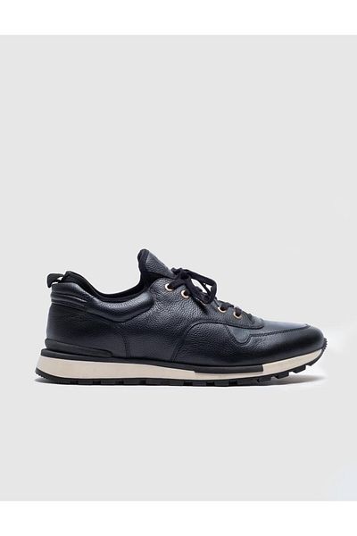 Cabani Genuine Leather Navy Blue Lace-up Stretch Detailed Men's Sports Shoes