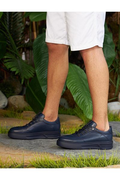 Cabani Seasonal Genuine Leather Navy Blue Lace-Up Men's Sports Shoes