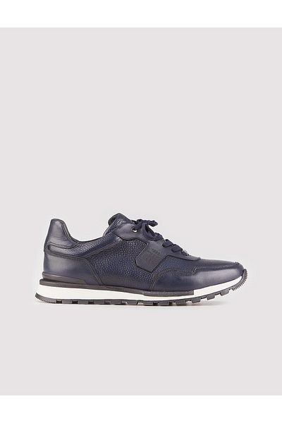 Cabani Genuine Leather Navy Blue Lace-Up Men's Sports Sneakers