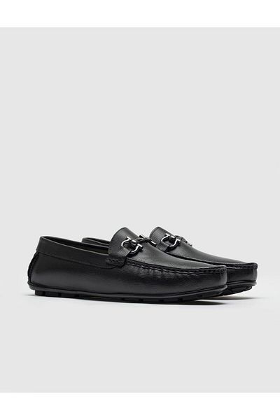 Cabani Black Genuine Leather Loafer - Men's Shoes with Buckle Detail