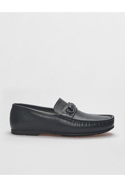 Cabani Genuine Leather Navy Blue Buckle Men's Loafer