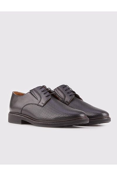 Cabani Men's Genuine Leather Patterned Black Lace-up Casual Shoes