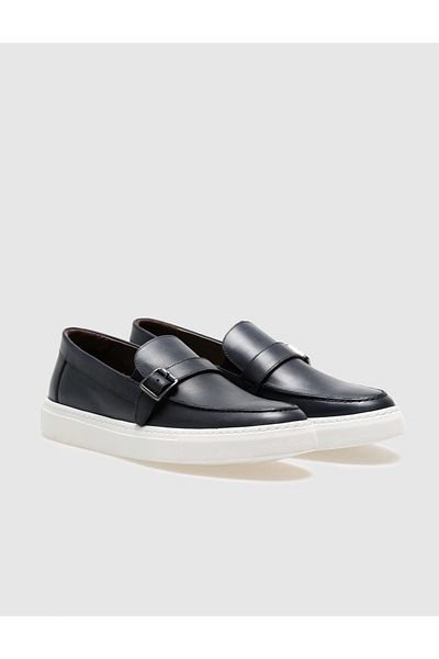 Cabani Genuine Leather Navy Blue Buckle Men's Casual Shoes