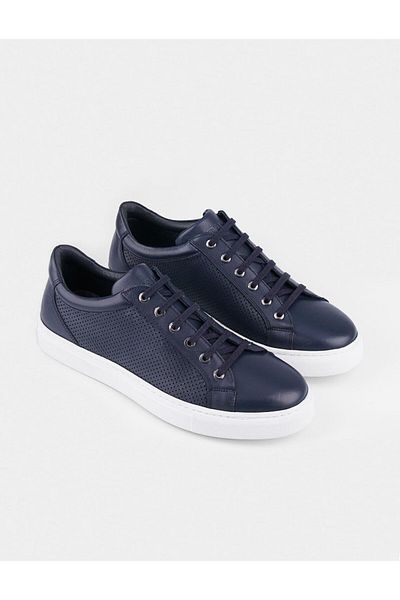 Cabani Navy Blue Lace-Up Genuine Leather Men's Sports Shoes