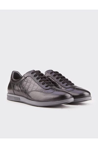Cabani Genuine Leather Rubber Sole Black Lace-Up Men's Sports Shoes