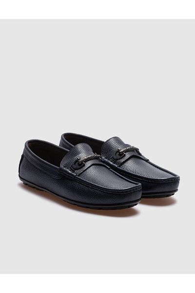 Cabani Genuine Leather Navy Blue Buckle Men's Loafer