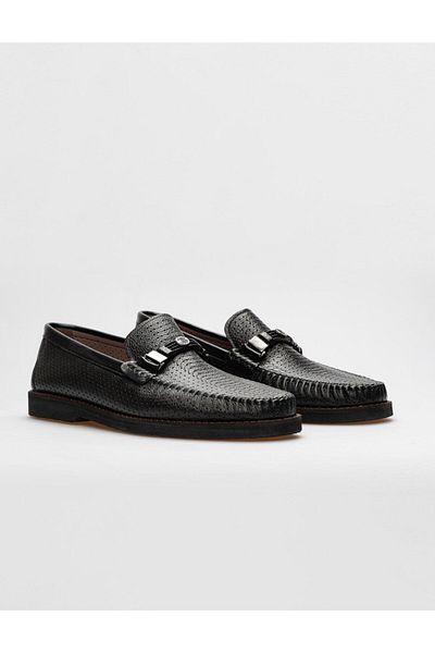 Cabani Genuine Leather Black Laser Detailed Men's Loafer