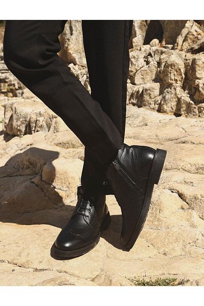 Cabani Rubber Sole Genuine Leather Black Lace-Up Men's Casual Boots