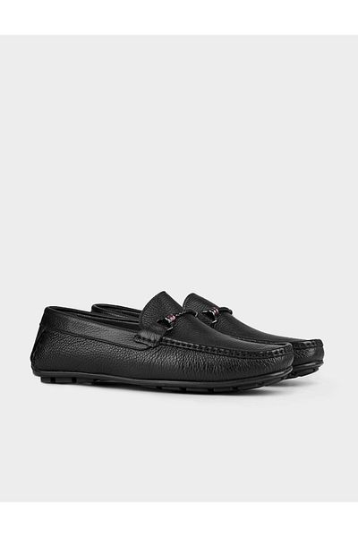 Cabani Metal Accessory Patterned Genuine Leather Black Men's Loafer Shoes