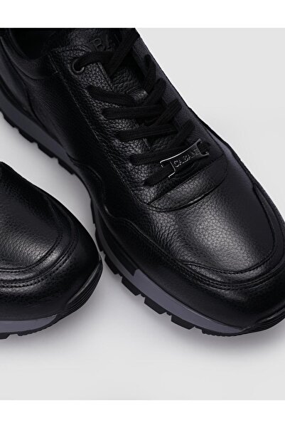 Cabani Hakiki Deri Siyah Bağcıklı Gri Tabanlı Erkek Spor Ayakkabı