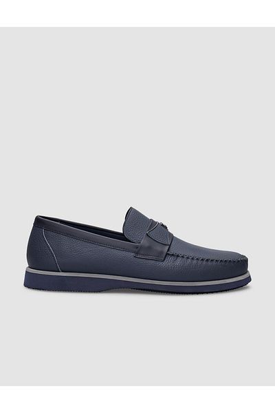 Cabani Genuine Leather Navy Blue Belt Detailed Men's Casual Shoes
