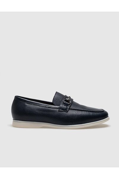 Cabani Genuine Leather Navy Blue Buckle Men's Loafer