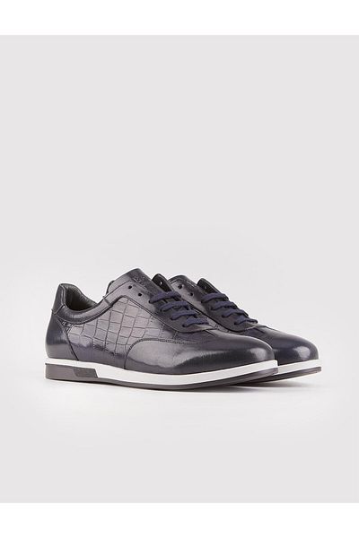 Cabani Seasonal Genuine Leather Navy Blue Lace-Up Men's Casual Shoes