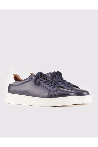 Cabani Genuine Leather Navy Blue Lace-Up Men's Sports Shoes with Side Stitching Detail