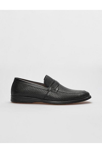 Cabani Genuine Leather Black Patterned Men's Casual Shoes